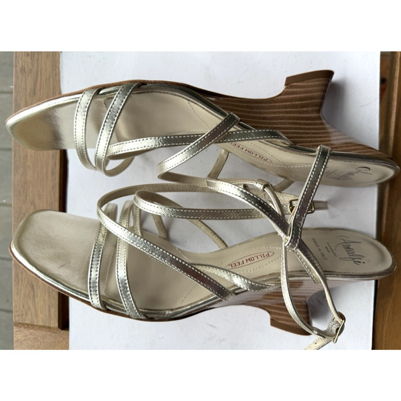 Amalfi by Rangoni Firenze Sandal Gold Sz -10 M Statement Heel Pillow Soft Italy - Picture 4 of 16